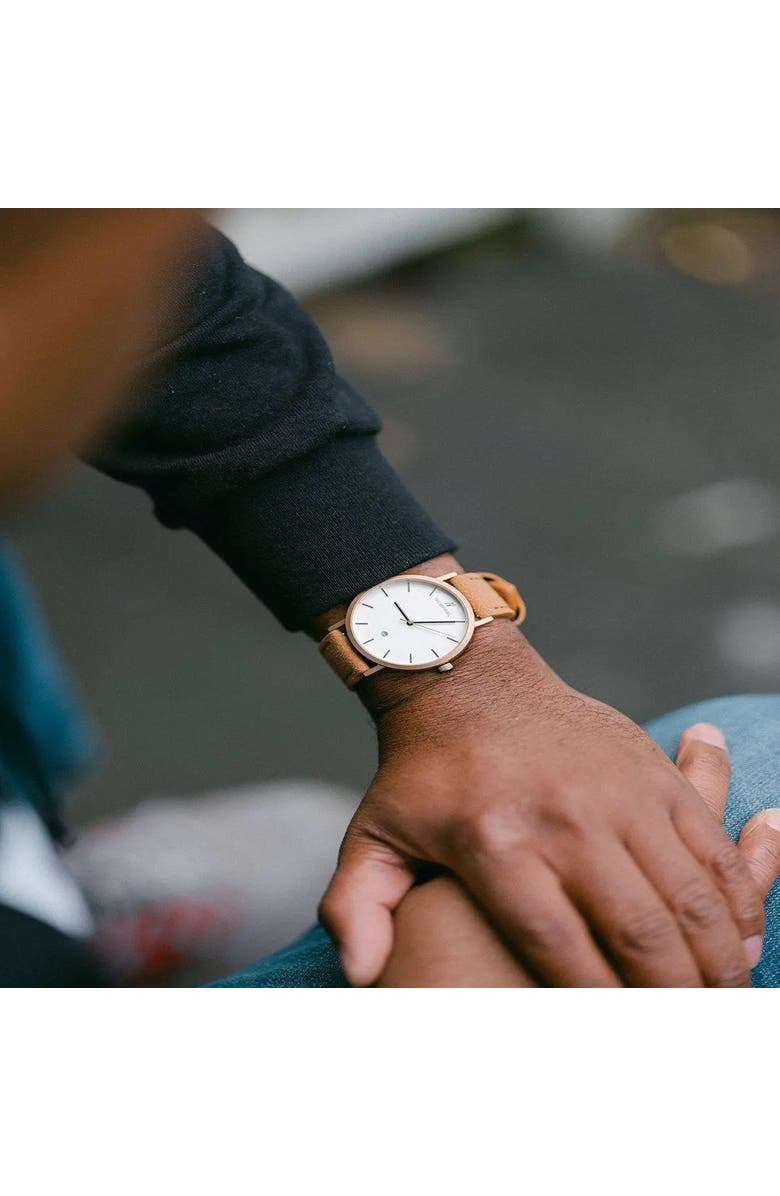 NCMPRBL Lucky Me Genuine Suede Leather Strap Watch, 40MM, Alternate, color, Tan/Eggshell White/Rose Gold