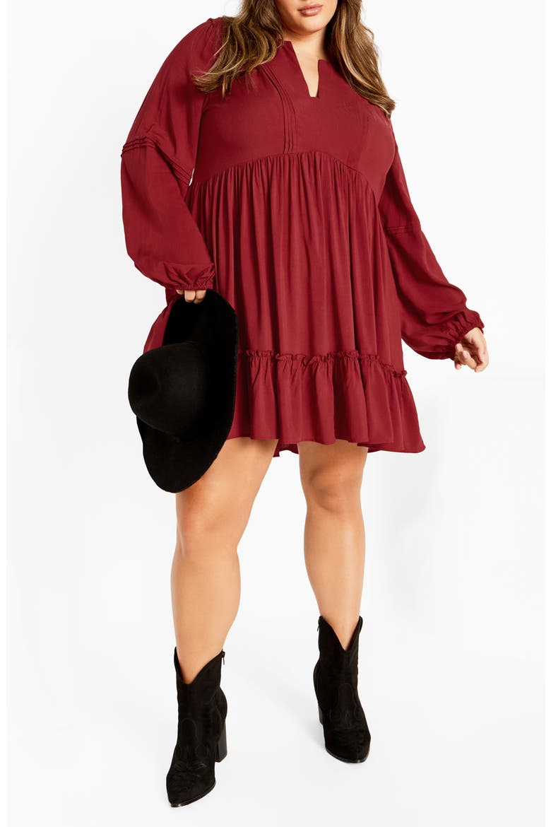 Mira Long Sleeve Tiered Minidress, Main, color, RED