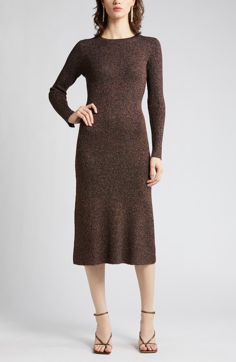 ZOE AND CLAIRE Metallic Long Sleeve Midi Sweater Dress, Alternate, color, Black/ Gold