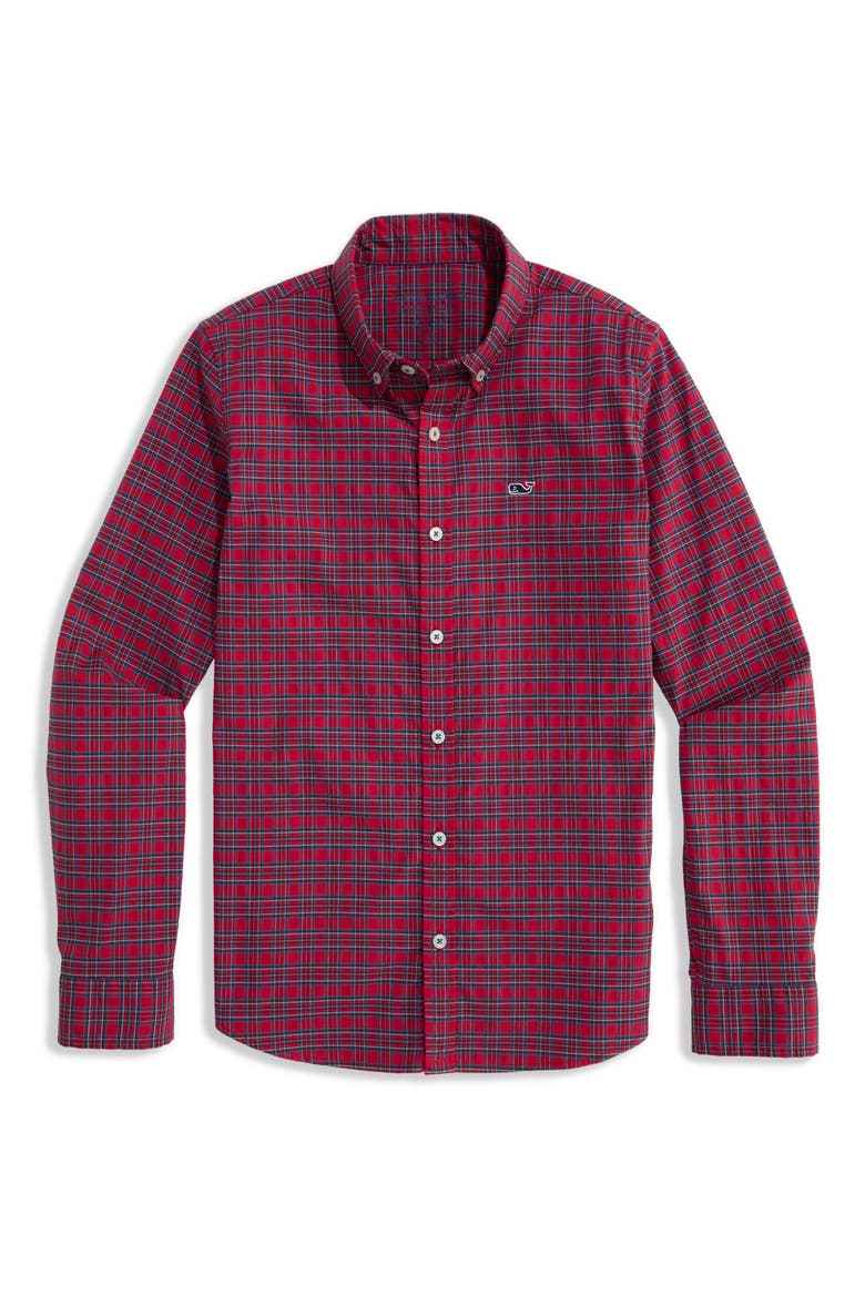 Kids' Tartan Performance Button-Down Shirt, Main, color, RED VELVET