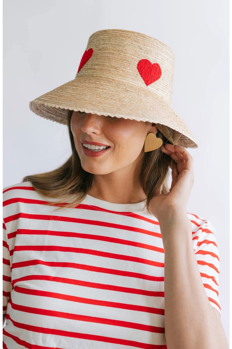 Embroidered Heart Palm Straw Bucket Hat, Alternate, color, RED