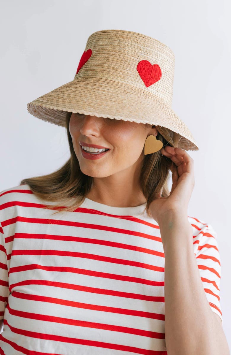 Sunshine Tienda Embroidered Heart Palm Straw Bucket Hat, Alternate, color, Red