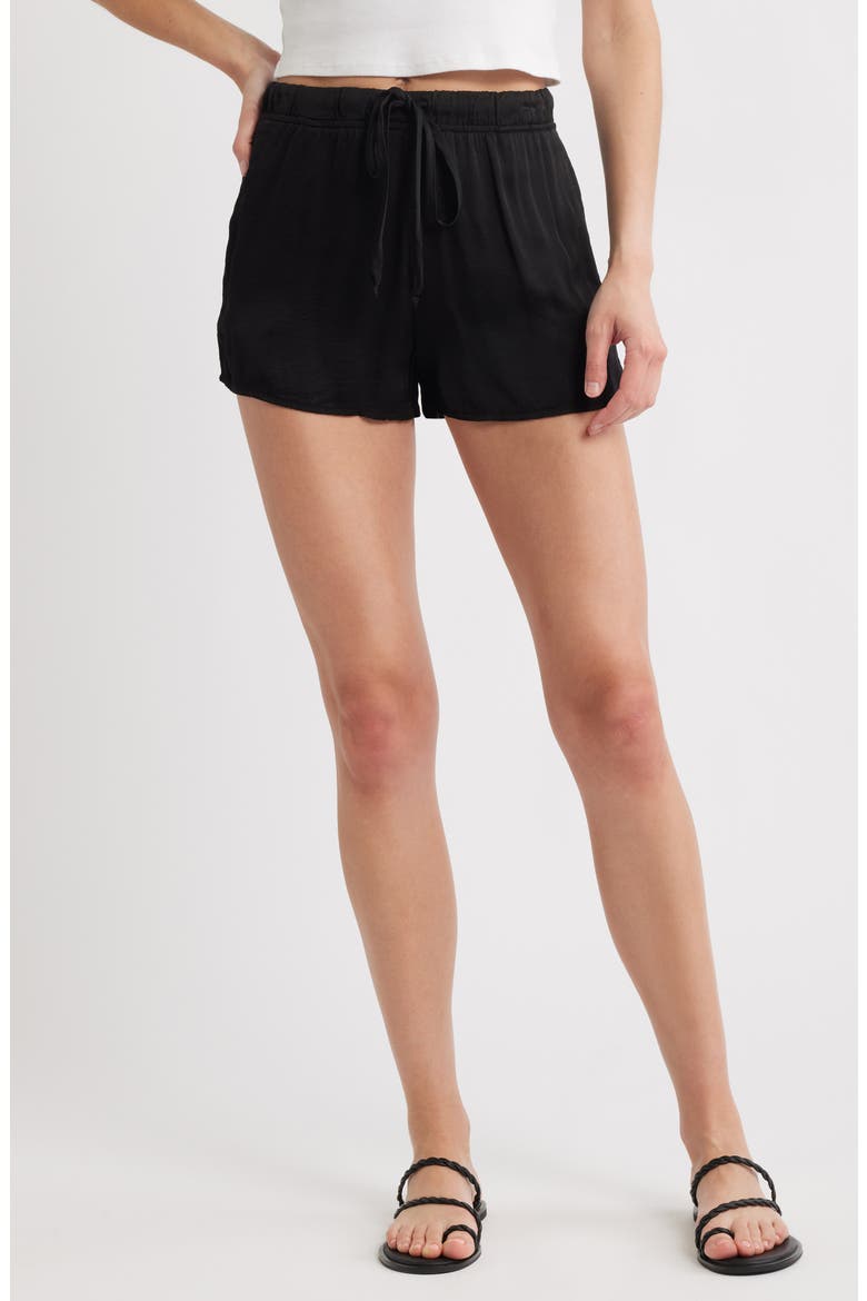 High Waist Flowy Satin Drawstring Shorts, Main, color, BLACK