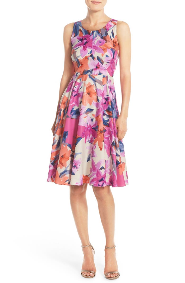 Donna Morgan Floral Print Woven Fit & Flare Dress, Main, color,
