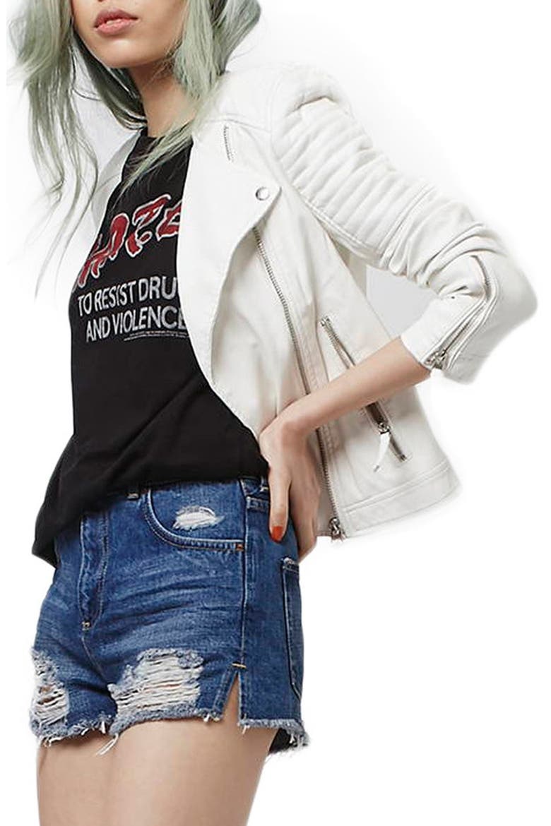 Faux Leather Biker Jacket, Alternate, color, WHITE