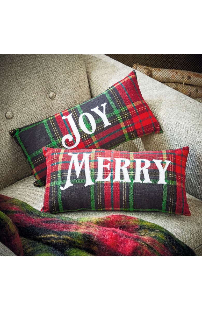 tag Joy Christmas Plaid Throw Pillow Red Multi Cotton Decorative, Alternate, color, 