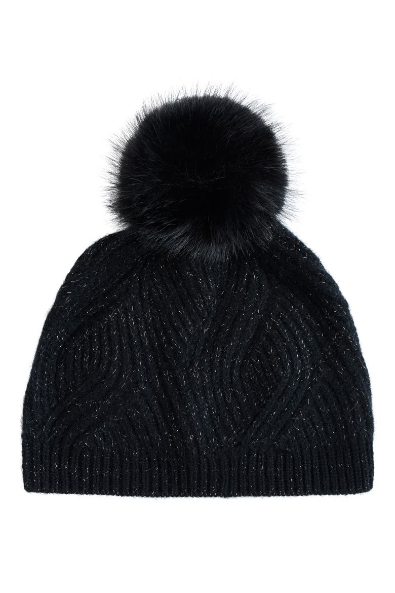 Wave Rib Beanie with Faux Fur Pom, Main, color, BLACK