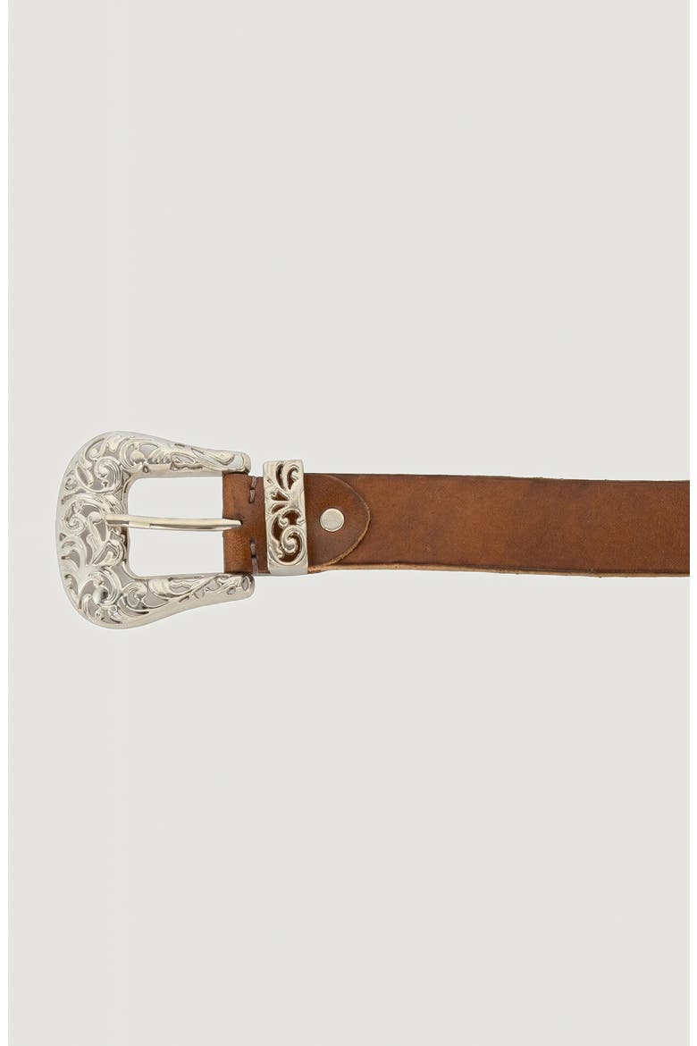 Leather Belt with Ornate Engraved Buckle and Western Detail, Alternate, color, Brown