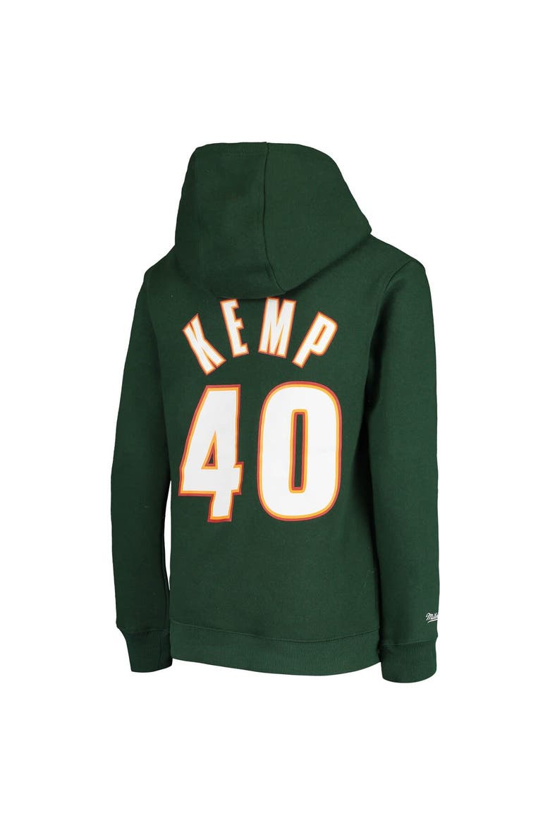Youth Mitchell & Ness Shawn Kemp Green Seattle SuperSonics Hardwood Classics Name & Number Pullover Hoodie, Alternate, color, Green