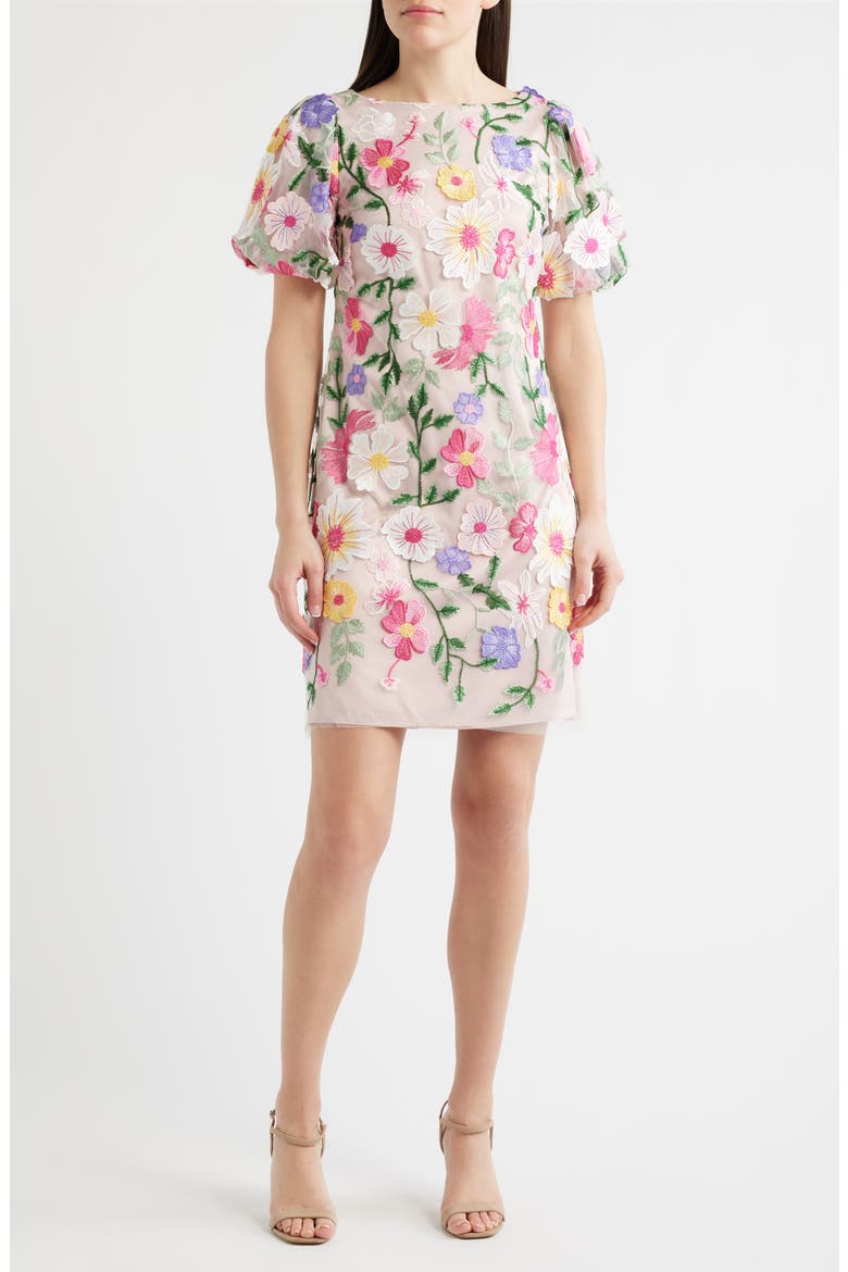Embroidered Floral Cocktail Shift Dress, Main, color, PINK MULTI