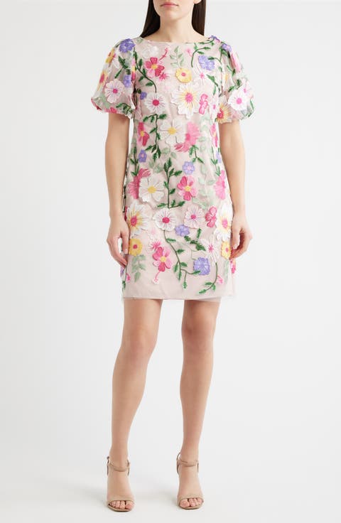 Embroidered Floral Cocktail Shift Dress