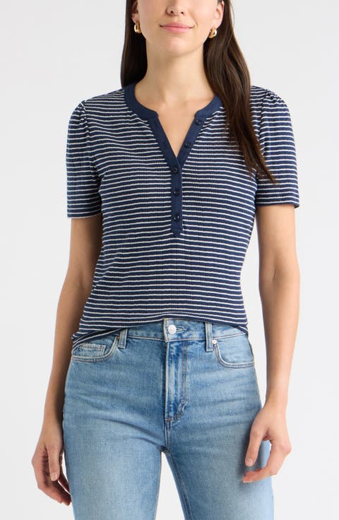 Striped Pointelle Henley Tee