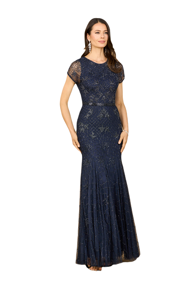 Beaded Mermaid Cap Sleeve Gown, Main, color, Navy