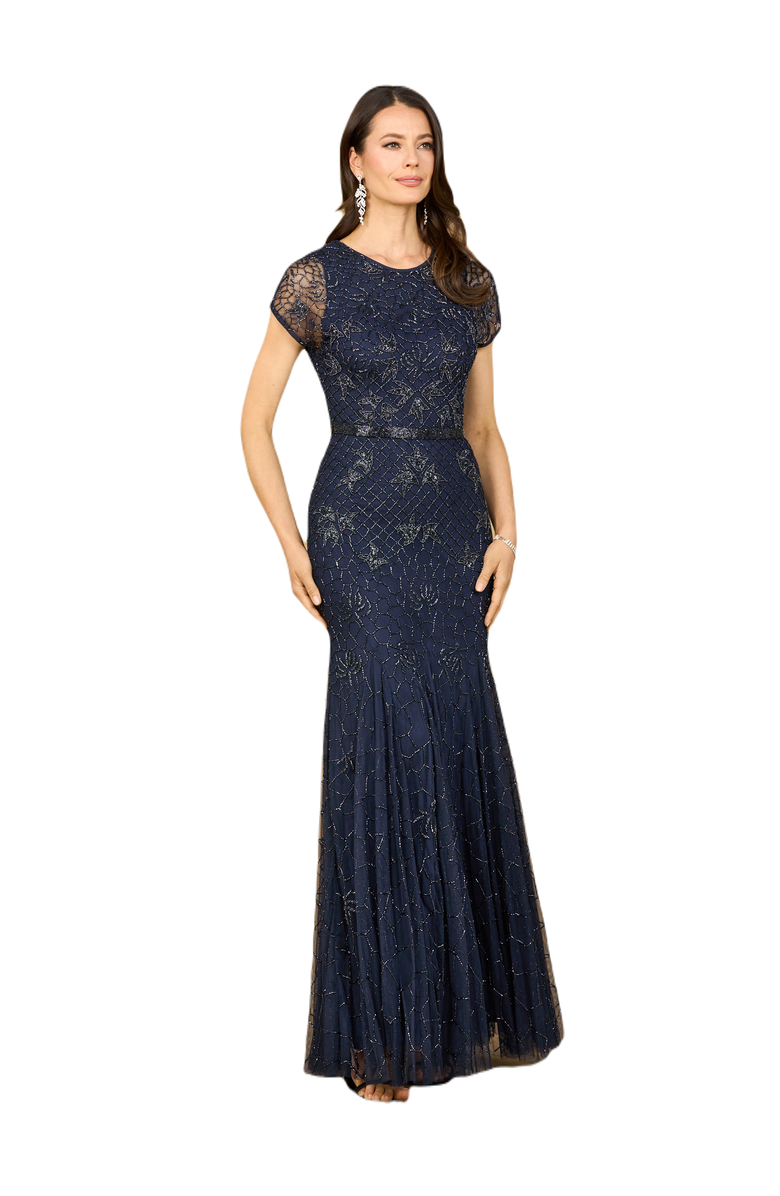 LARA New York Beaded Mermaid Cap Sleeve Gown, Main, color, Navy