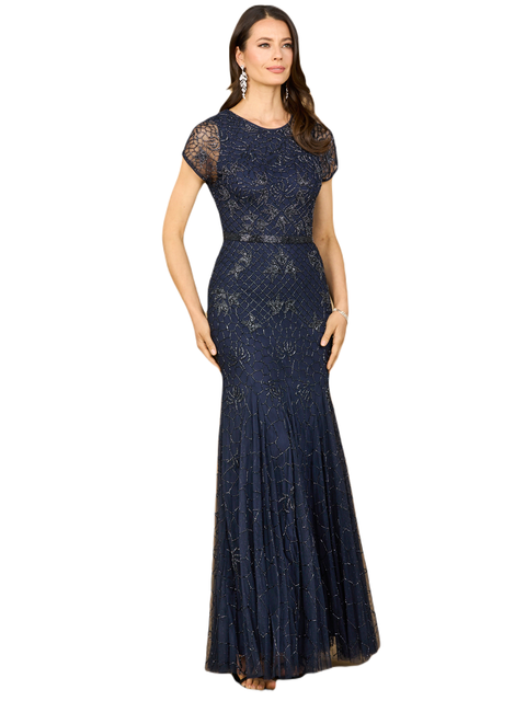 Beaded Mermaid Cap Sleeve Gown