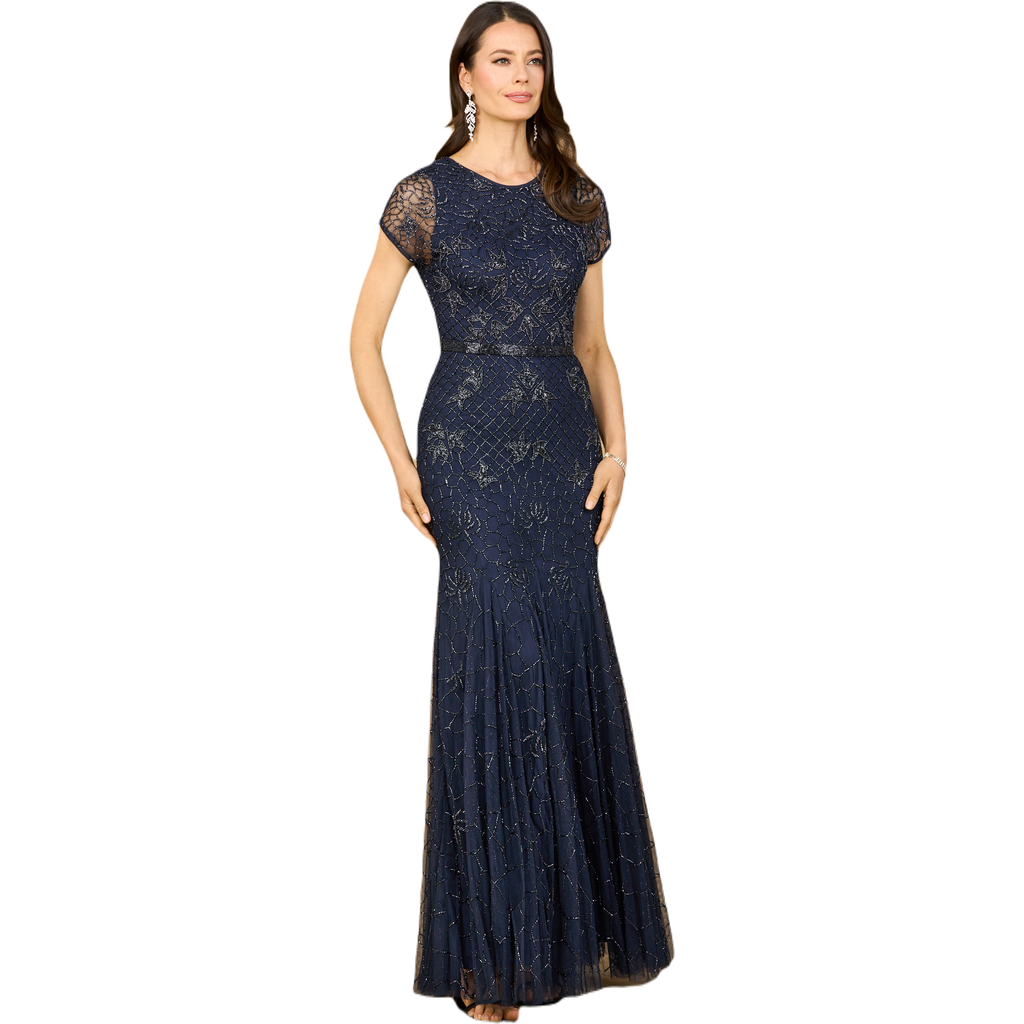Lara New York Beaded Mermaid Cap Sleeve Gown In Blue