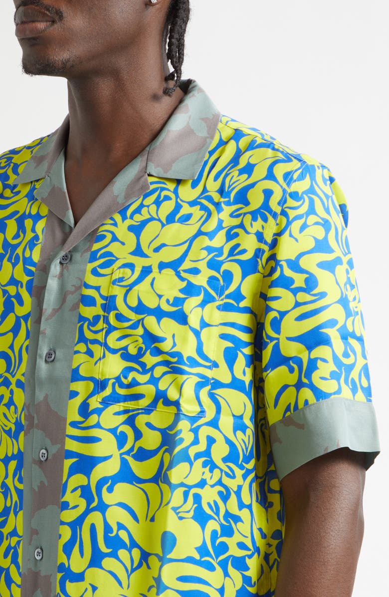 Dries Van Noten Carltone Mixed Print Satin Camp Shirt, Alternate, color, Yellow