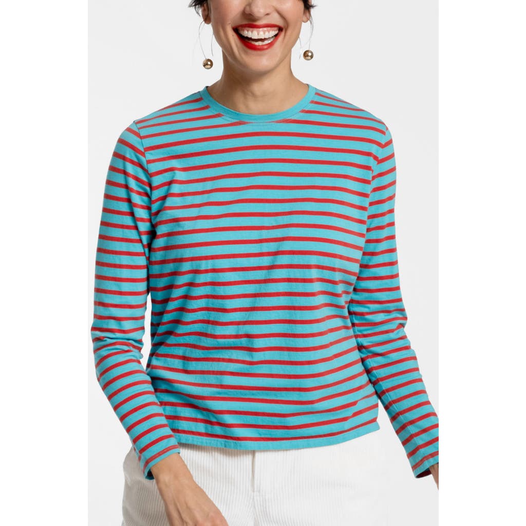 Frances Valentine Long Sleeve Striped Tee Shirt Stripe 100% Pima Cotton in Turquoise /red