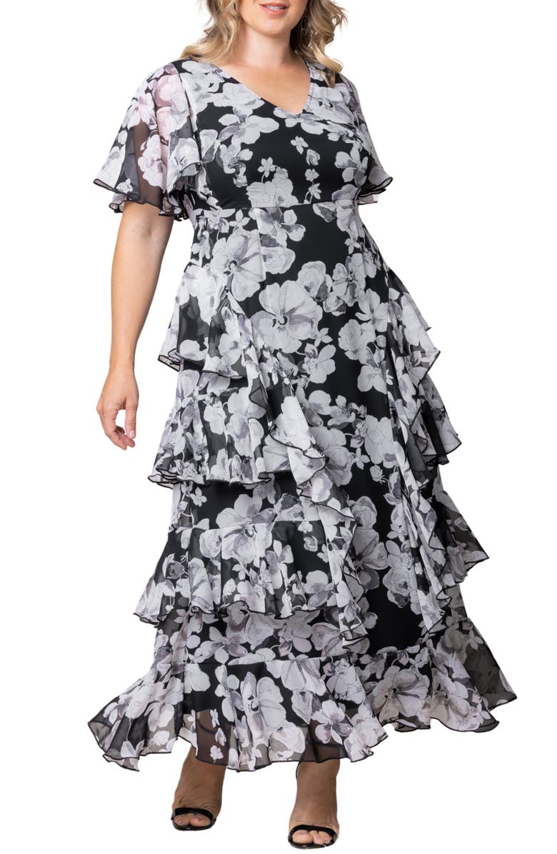 Kiyonna Tour de Flounce Tiered Maxi Dress, Main, color, Grayscale Blooms
