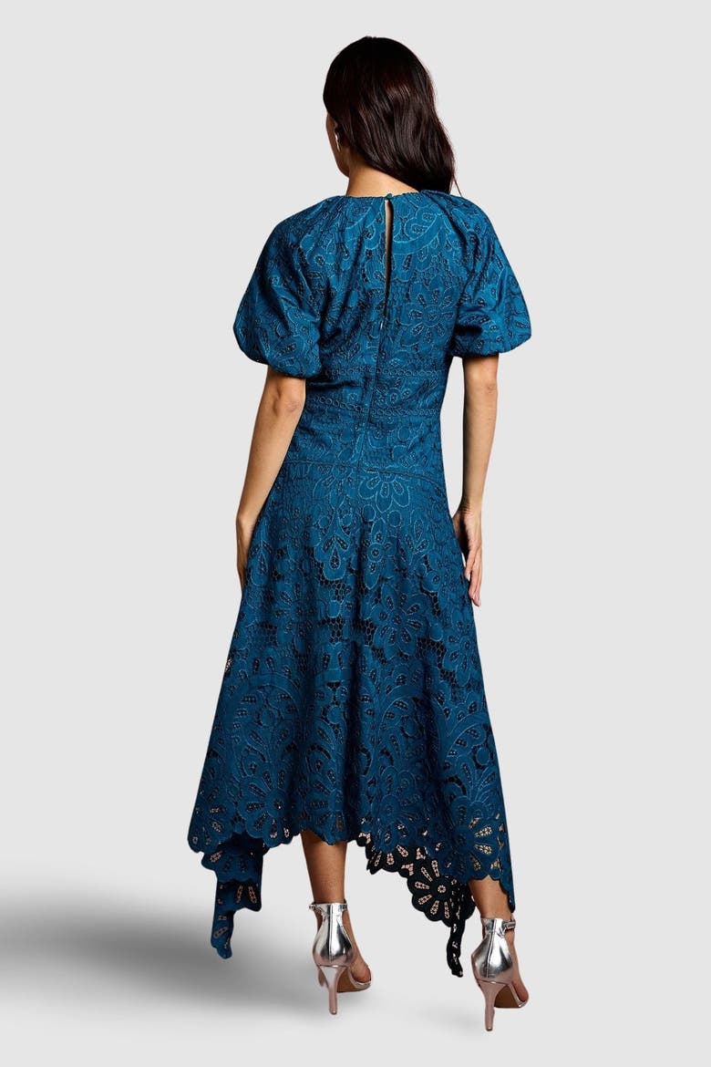 Lace Hanky Hem Puff Sleeve Dress, Alternate, color, Teal