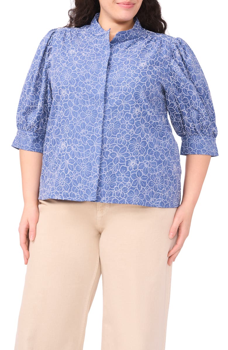 CeCe Daisy Embroidered Chambray Button-Up Top, Main, color, Classic Navy