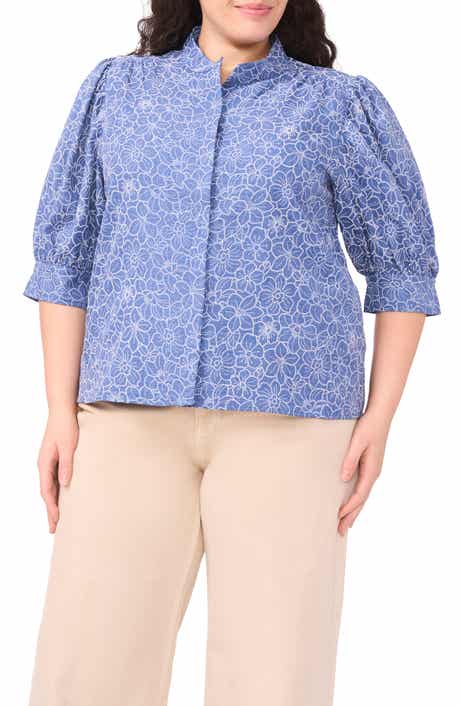 CeCe Daisy Embroidered Chambray Button-Up Top