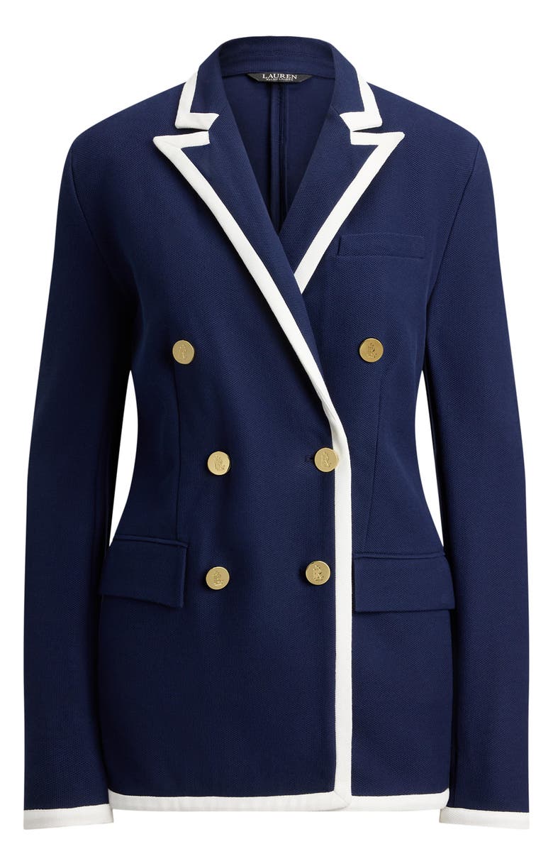 Lauren Ralph Lauren Tahir Double Breasted Piqué Knit Blazer, Alternate, color, Refined Navy Blue/ White