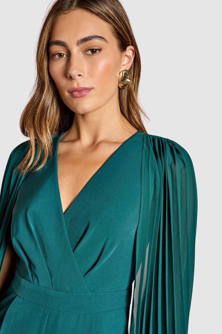 V Neck Pleated Long Sleeve Jumpsuit, Alternate, color, Emerald