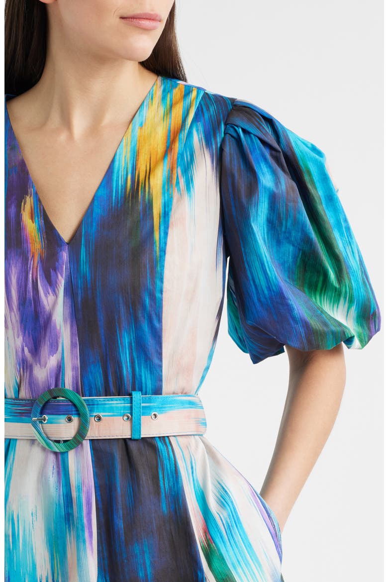 Miriam Ikat Print Belted Cotton Dress, Alternate, color, WATER CANVAS PRINT