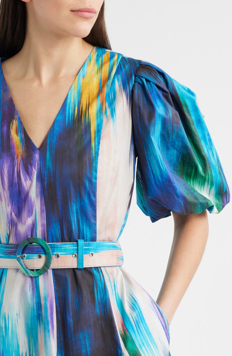 Elie Tahari Miriam Ikat Print Belted Cotton Dress, Alternate, color, Water Canvas Print