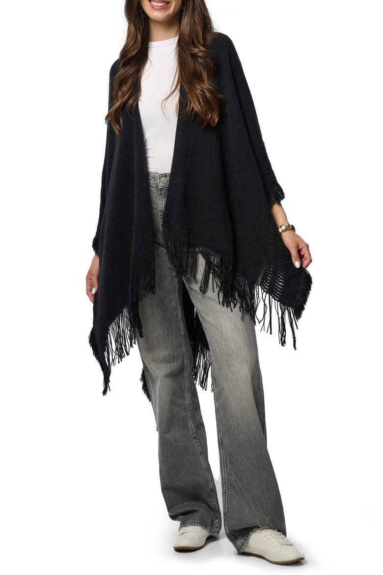 Tara Fringe Trim Open Front Ruana, Main, color, BLACK