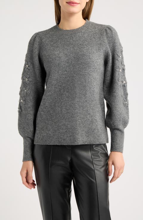 Floral Embellished Puff Sleeve Sweater