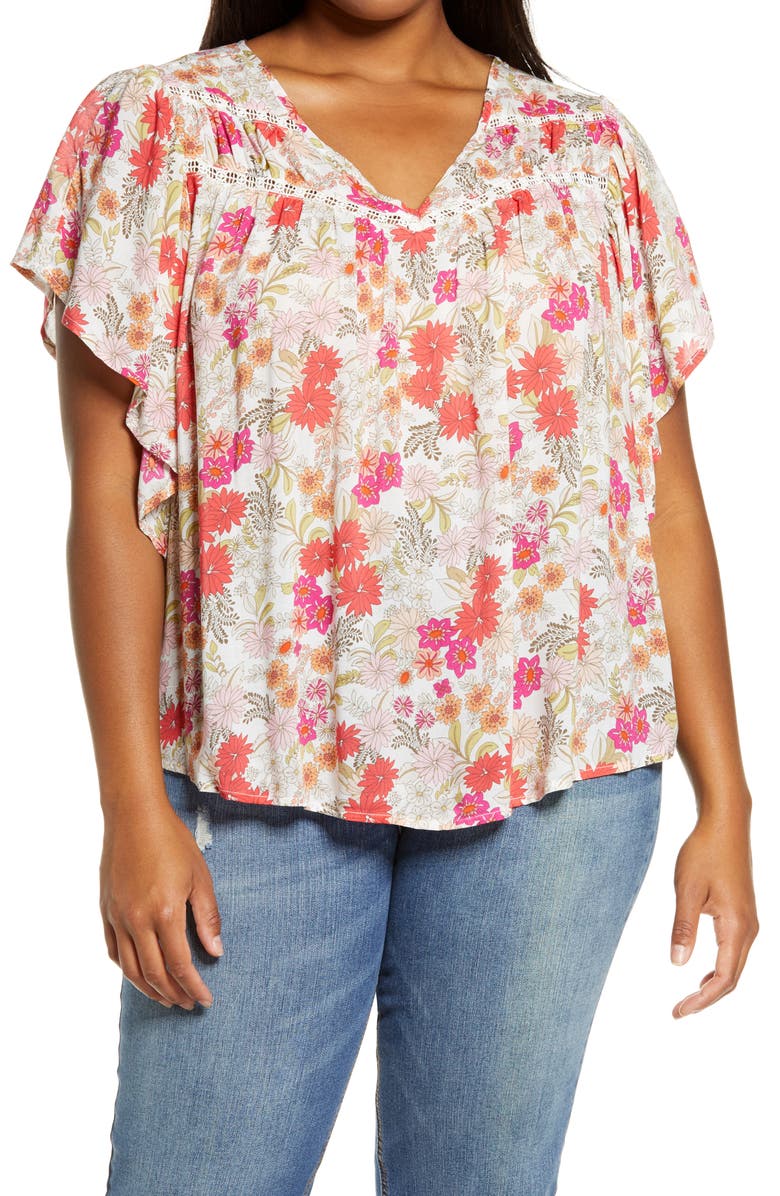 Democracy Floral Flutter Sleeve Top, Main, color, Off White/ Bittersweet