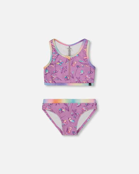 Little Girl's Printed Two-Piece Swimsuit Old Mauve And Multicolored Butterflies