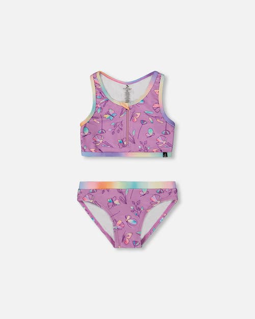 DEUX PAR DEUX DEUX PAR DEUX GIRL'S PRINTED TWO-PIECE SWIMSUIT OLD MAUVE AND MULTICOLORED BUTTERFLIES
