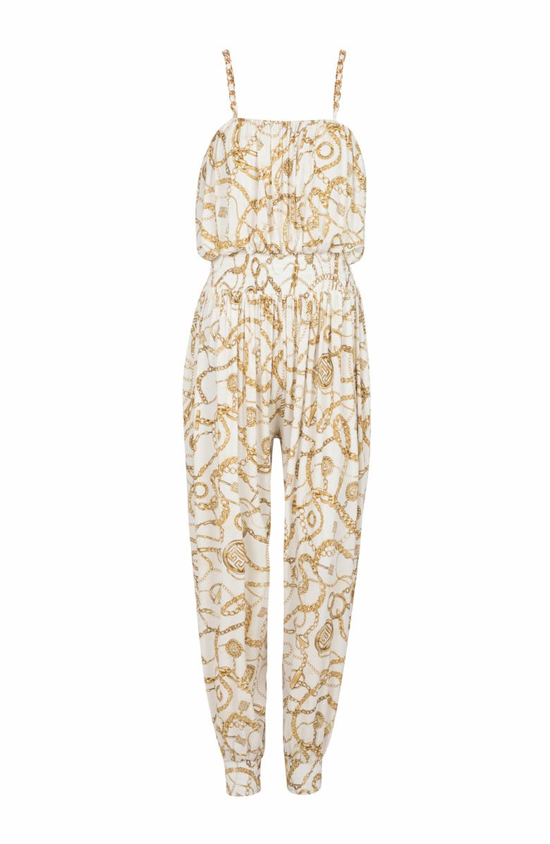 Balmain Flowing Printed Jumpsuit With Balmain Chains Pattern, Alternate, color, Gold