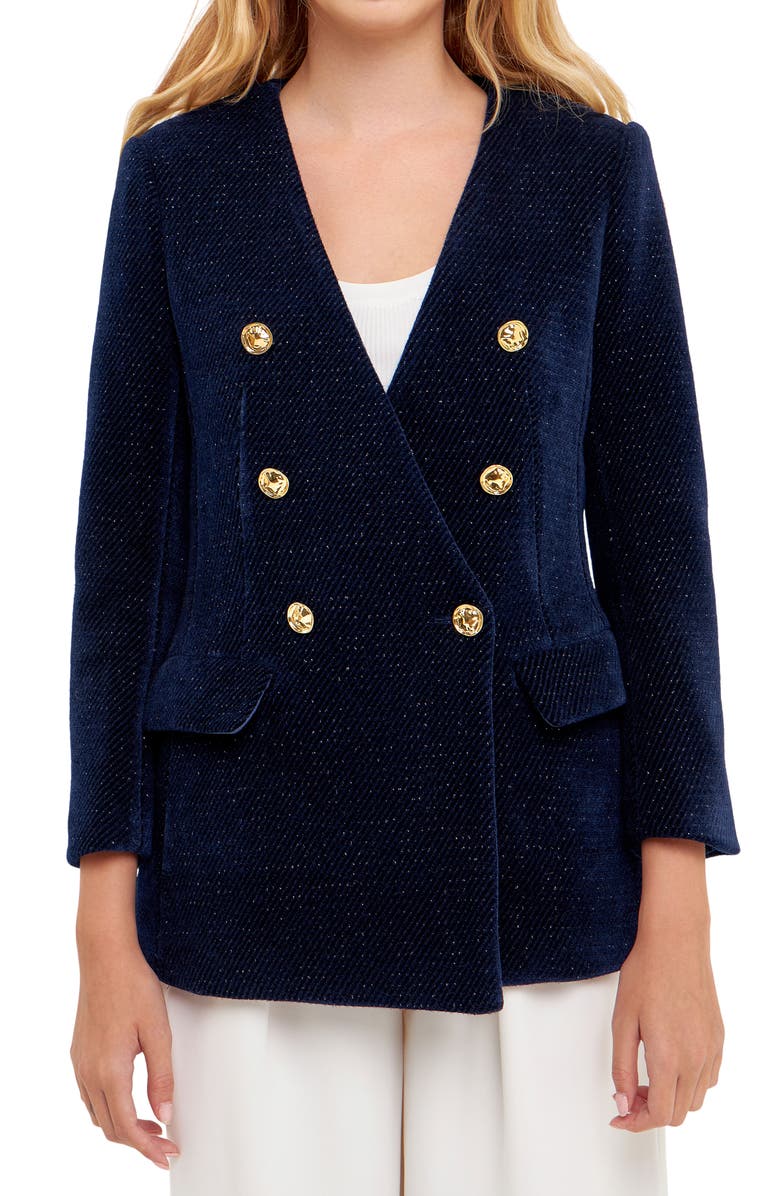 English Factory Texture Metallic Double Breasted Jacket, Alternate, color, Navy