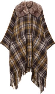 Moncler Grenoble Plaid Felt Cape with Genuine Shearling Collar