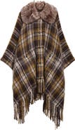 Moncler Grenoble Plaid Felt Cape with Genuine Shearling Collar