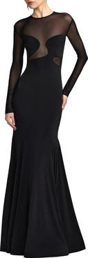 Mac Duggal Long Sleeve Sheer Detail Mermaid Jersey Gown