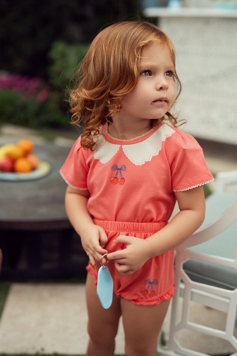 Cherry Print Two Piece Short Sleeve Top and Bloomers Set, Alternate, color, Stone Blue