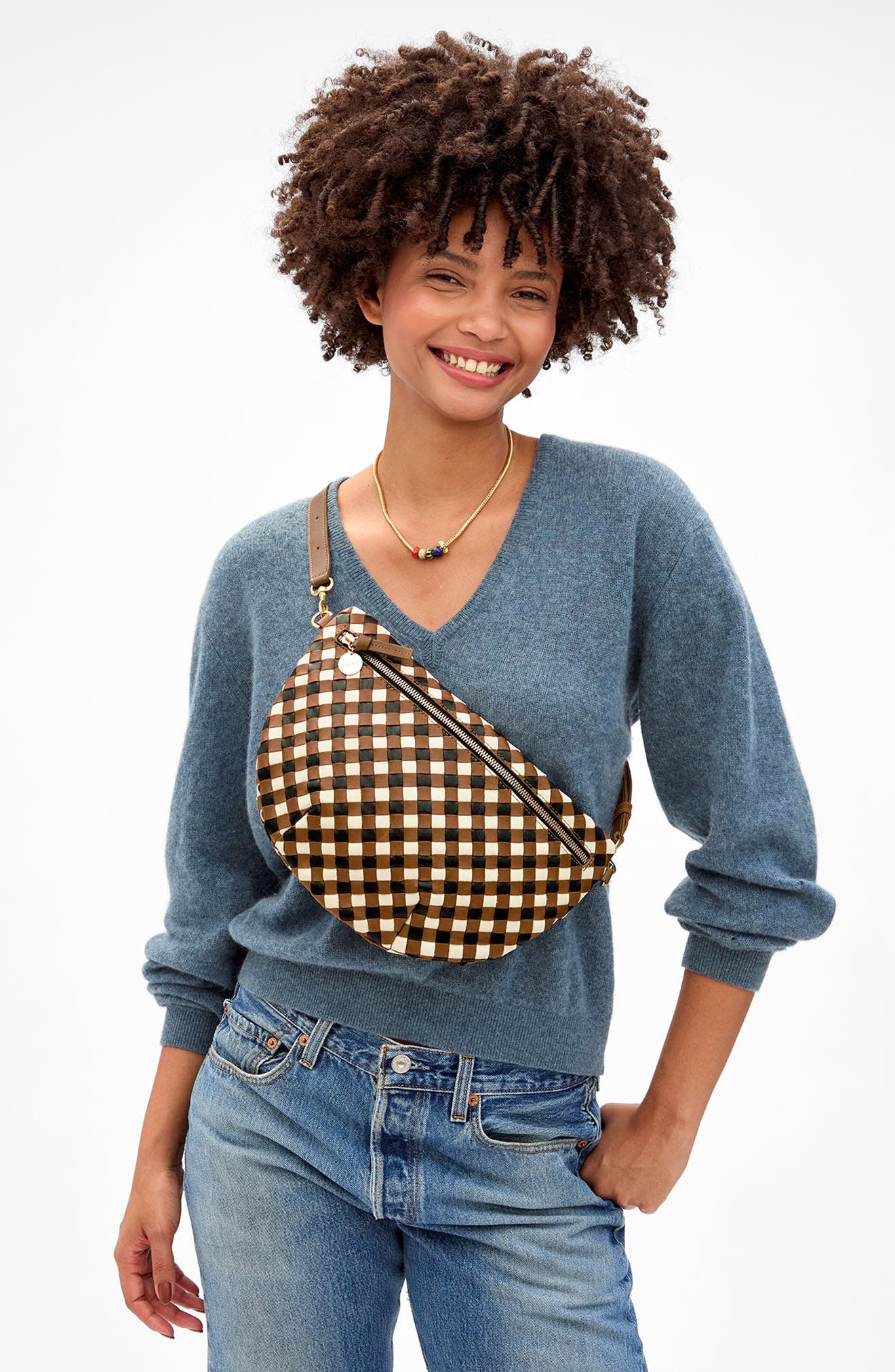 Clare V. Grande Woven Leather Belt Bag, Alternate, color, Oat Multi