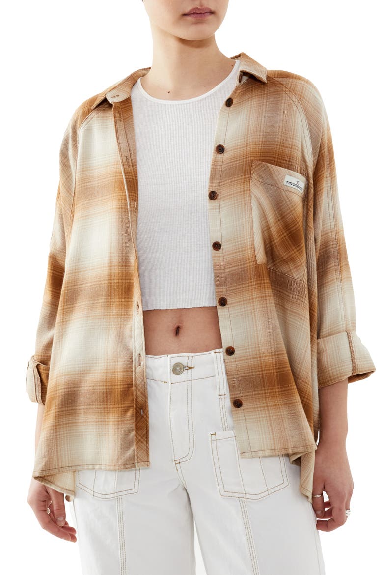 Brendon Plaid High-Low Hem Button-Up Shirt, Main, color, BROWN