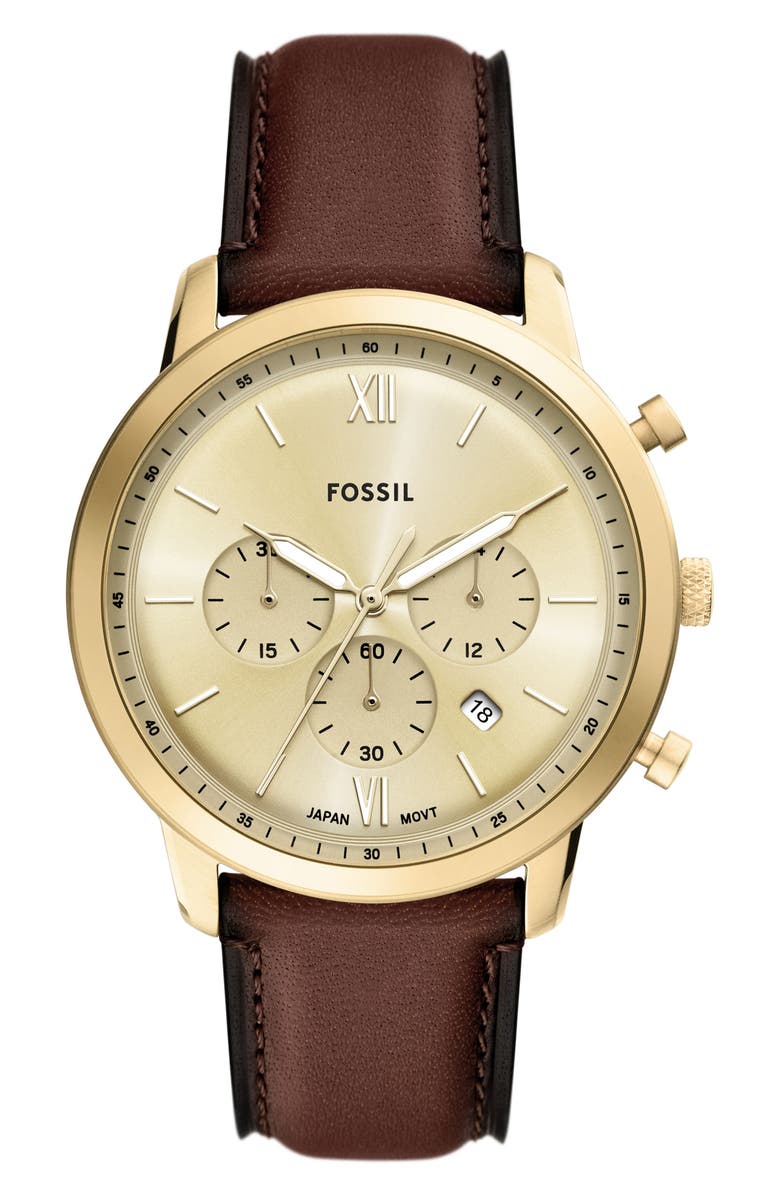 Fossil Neutra Chronograph Leather Strap Watch, 44mm, Main, color, Brown