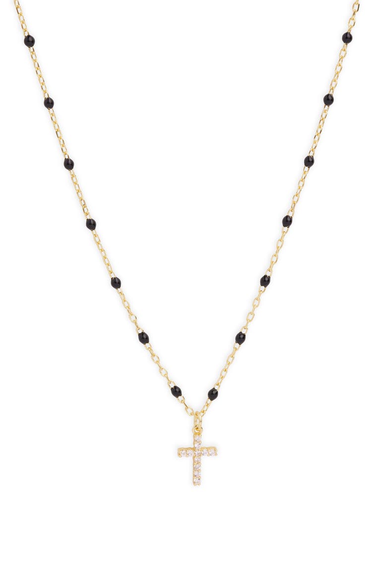 Black Enamel Pavé Cross Pendant Necklace, Main, color, GOLD