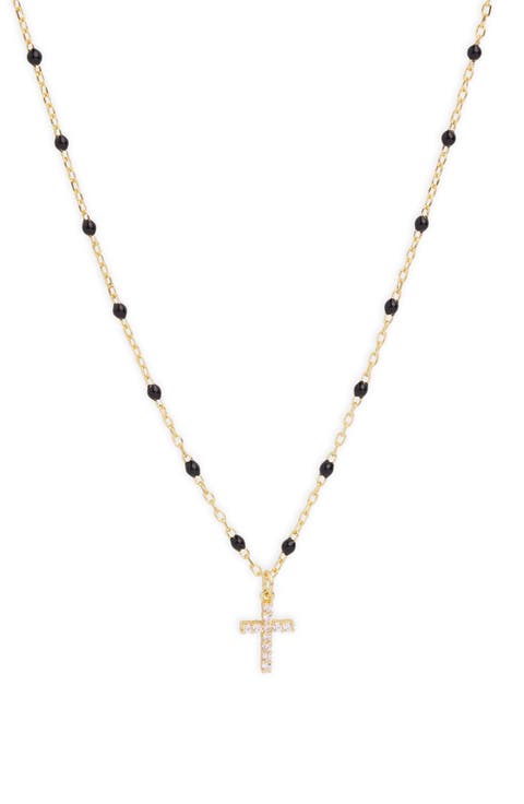 Black Enamel Pavé Cross Pendant Necklace