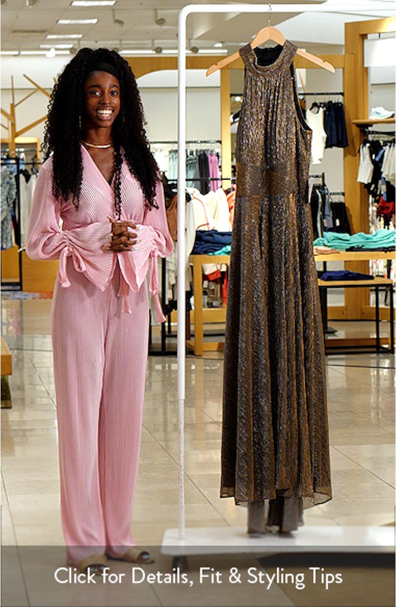 Halter Neck Sleeveless Crinkled Metallic A-Line Gown, sales video thumbnail