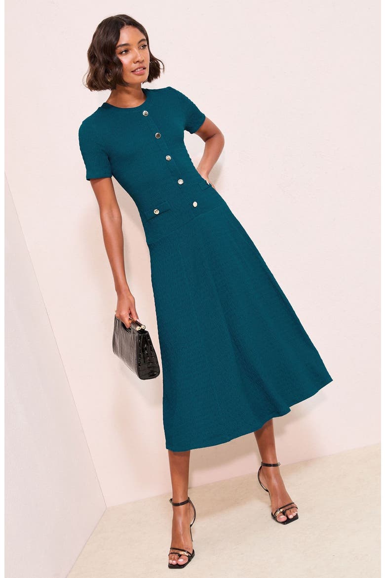 Decorative Button Drop Waist Midi Dress, Alternate, color, TEAL BLUE