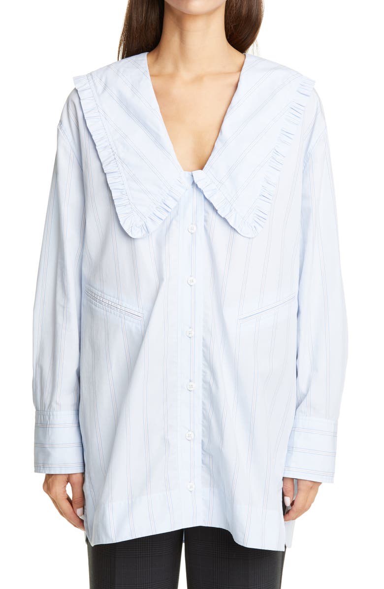 Ganni Ruffle Collar Stripe Cotton Oversized Shirt, Main, color, 