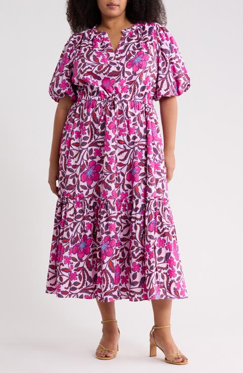 Floral Ginny Puff Sleeve Tiered Cotton Midi Dress (Plus)